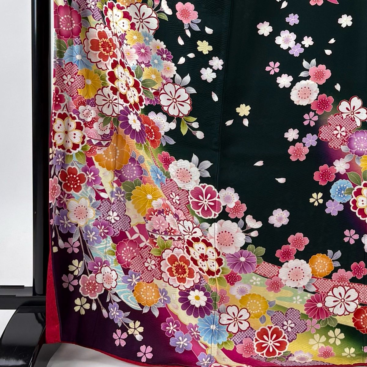 振袖 身丈170cm 裄丈67cm M 袷 桜 熨斗 金糸 ぼかし 深緑 正絹 名品