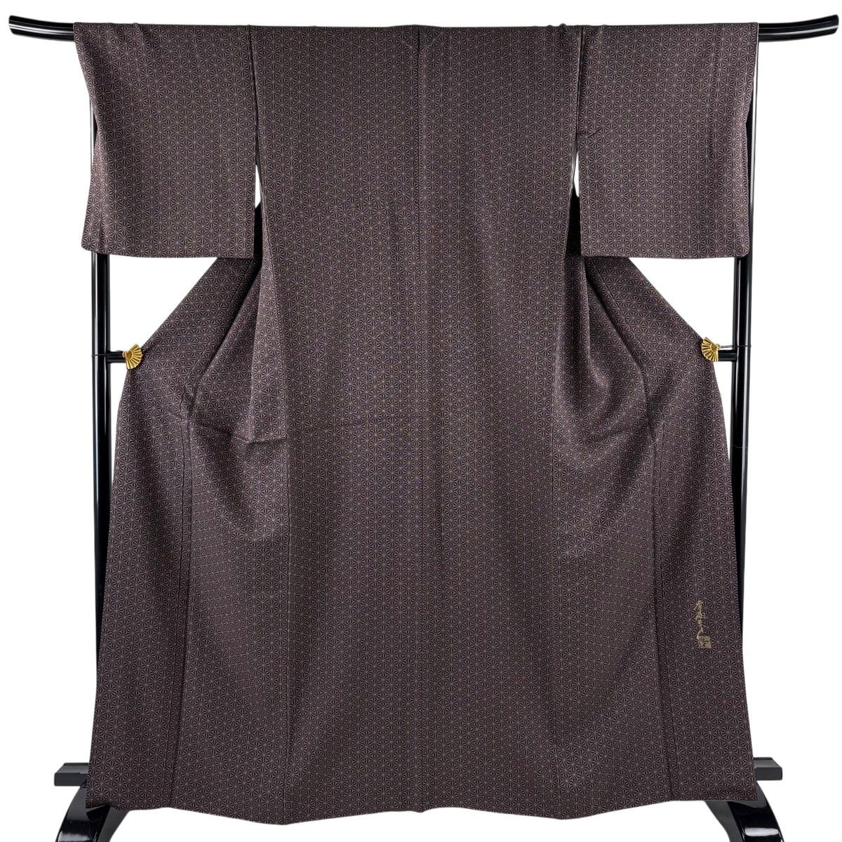 小紋 身丈166cm 裄丈68.5cm L 袷 斉藤三才 落款 麻の葉 茶紫 正絹 名品 【中古】