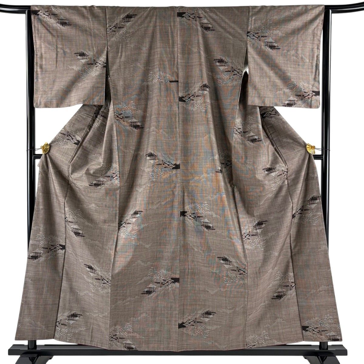 【美品】 大島紬 身丈157.5cm 裄丈64.5cm M 袷 証紙 家屋 樹木 焦茶色 正絹 名品 【中古】