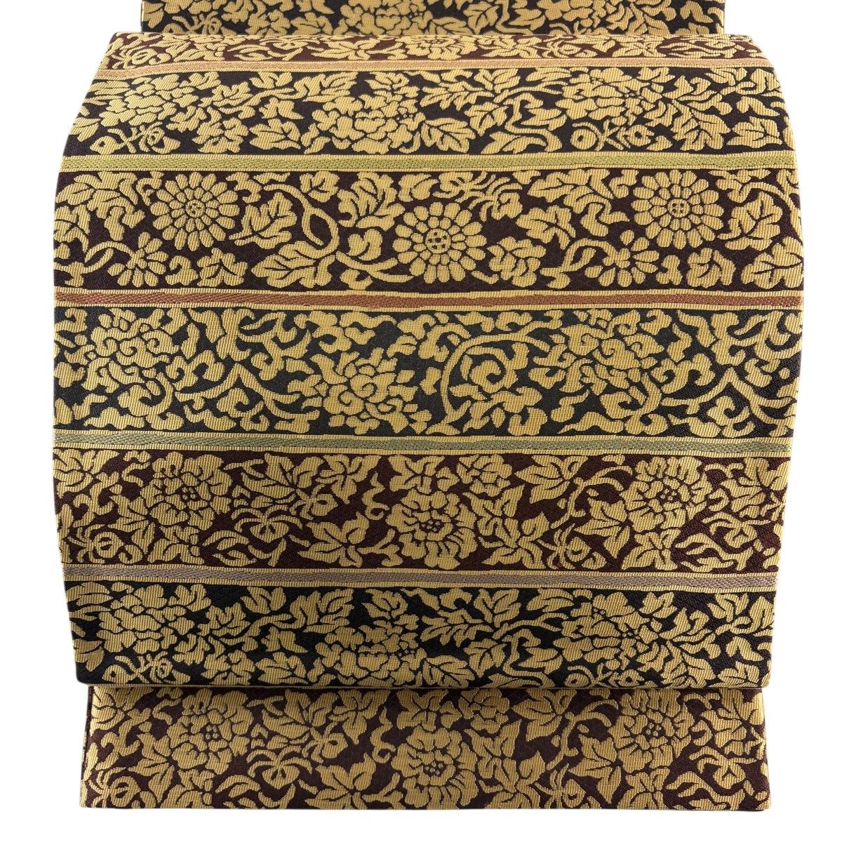 【美品】 袋帯 名品 縞 草花 ベージュ 全通 正絹 【中古】
