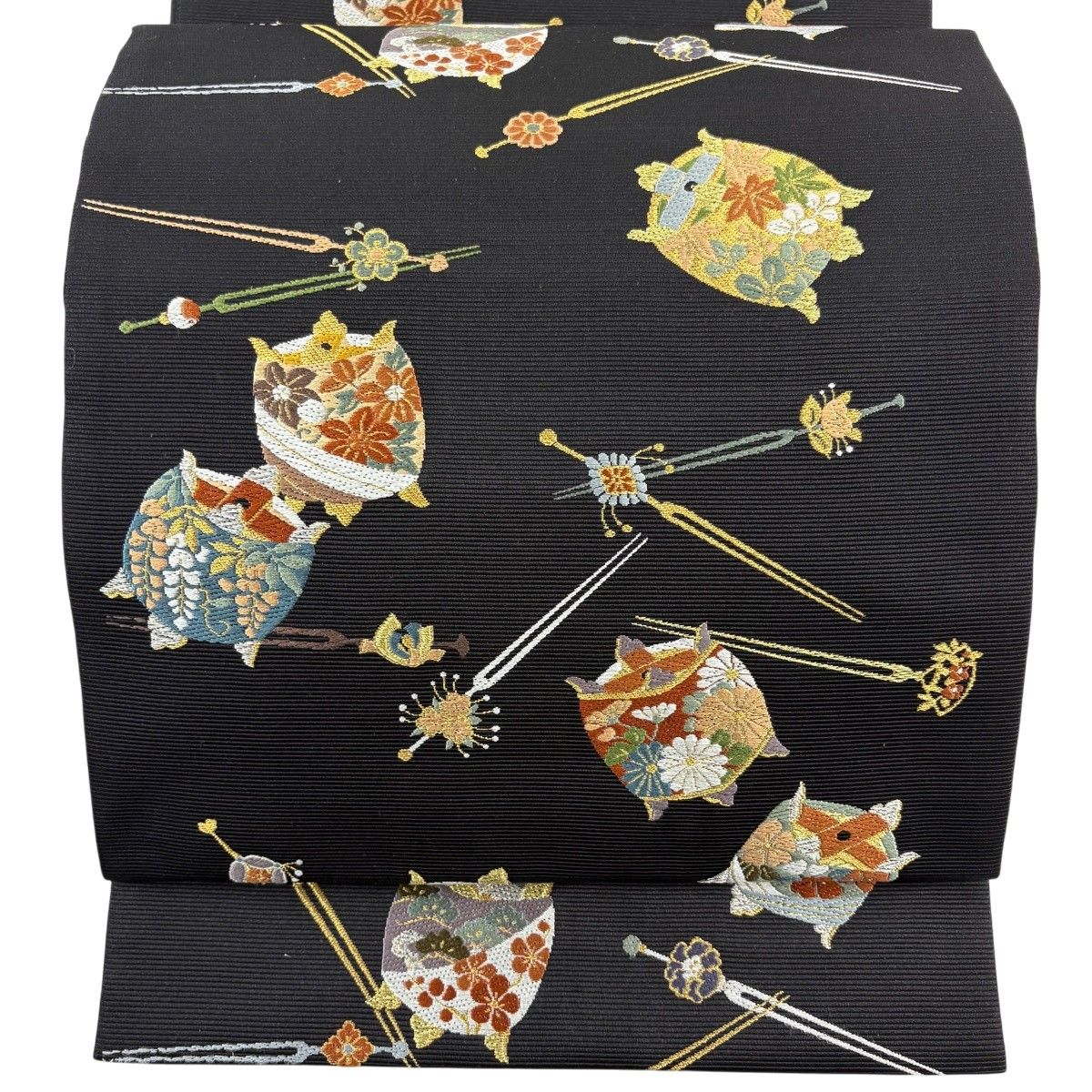 【美品】 袋帯 名品 おり姫 糸巻 簪 唐織 金銀糸 黒 六通 正絹 【中古】