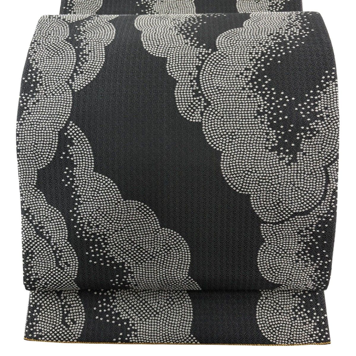 【美品】 袋帯 名品 関西仕立て 雲文 銀糸 箔 黒灰 六通 正絹 【中古】
