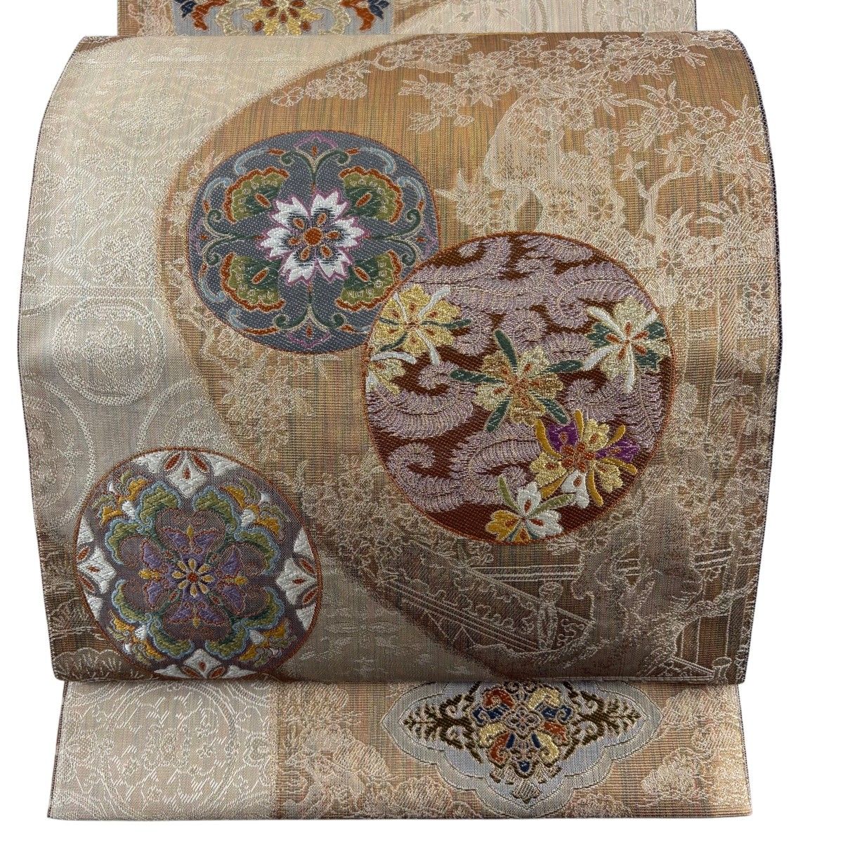 袋帯 名品 二条城 華文 草花 金糸 箔 薄黄土色 お太鼓柄 正絹 【中古】
