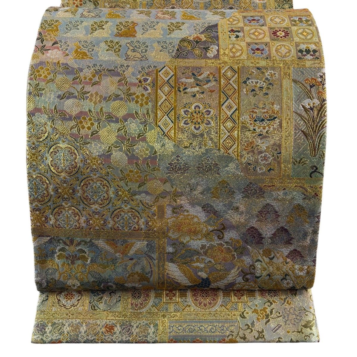 袋帯 名品 道長格天井正倉院文様 金糸 箔 金色 六通 正絹 【中古】
