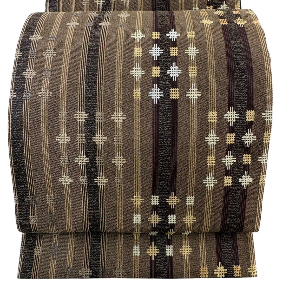 【美品】 袋帯 名品 縞 幾何学模様 茶色 六通 正絹 【中古】
