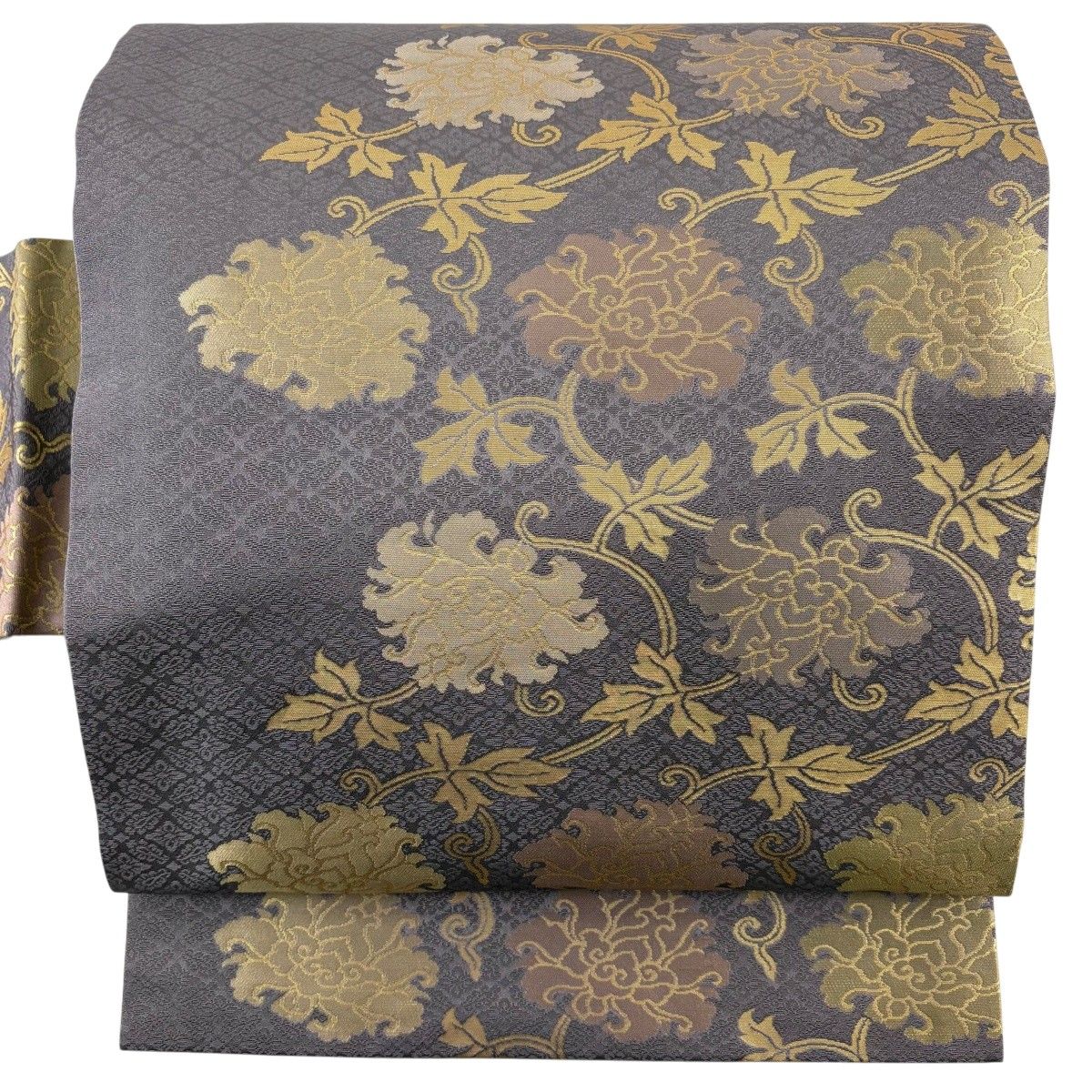 【美品】 名古屋帯 名品 箔屋清兵衛 落款 西陣織 吉祥文様 箔 灰紫 正絹 【中古】