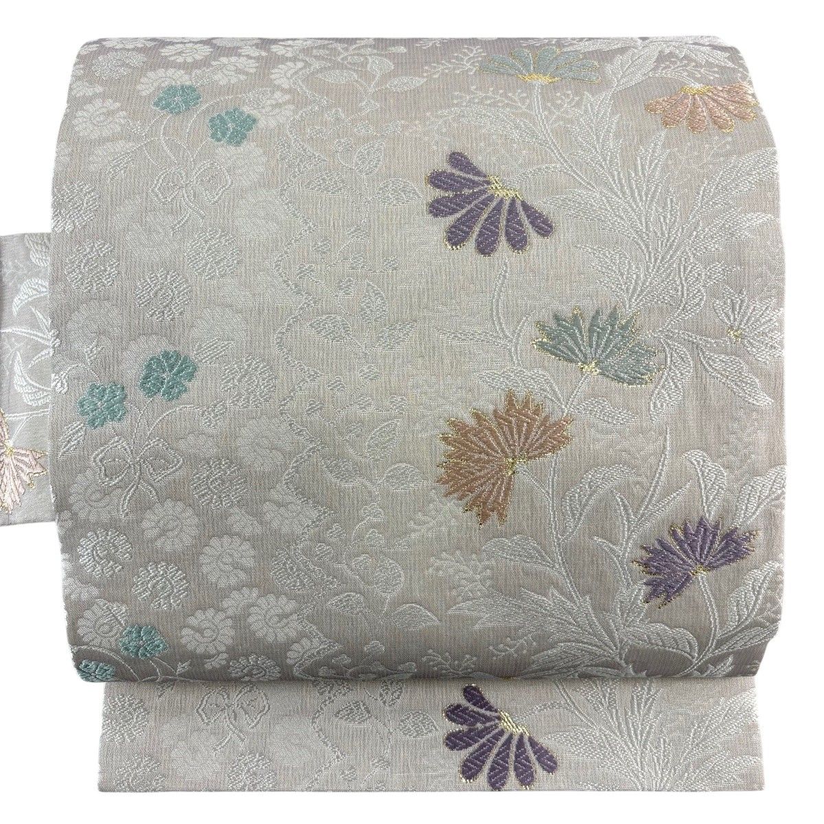 【美品】 名古屋帯 名品 草花 唐織 箔 灰白 正絹 【中古】