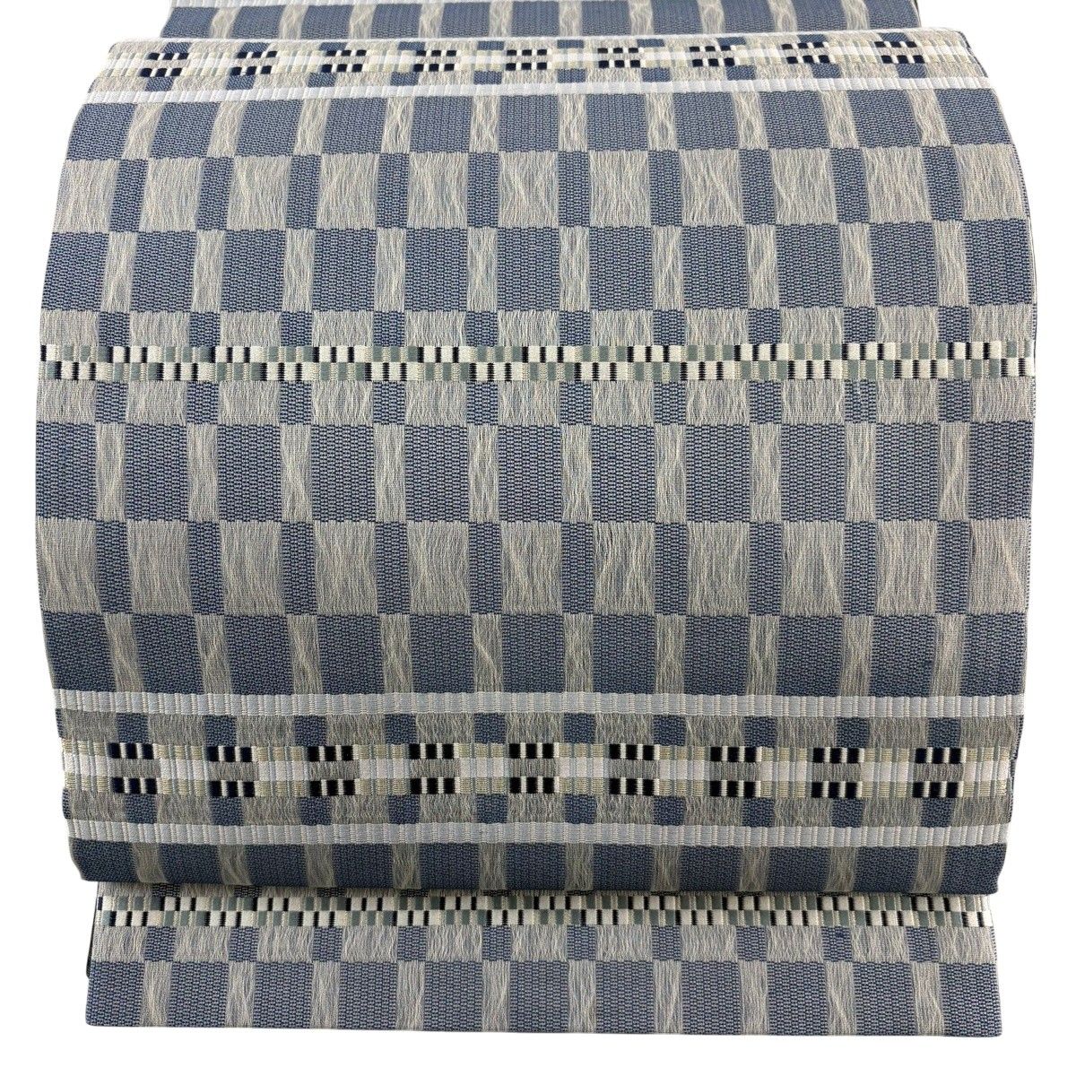【美品】 袋帯 名品 風通織 愛染糸 変わり市松 段縞 銀糸 藍色 六通 正絹 【中古】