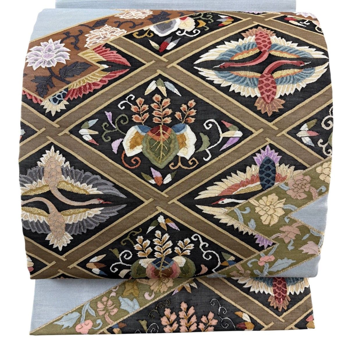 袋帯 名品 桐唐草 鶴 金糸 水色 お太鼓柄 正絹 【中古】