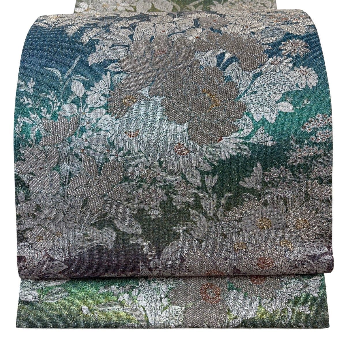 【美品】 袋帯 秀品 道長花集め 金銀糸 箔 青緑 六通 正絹 【中古】