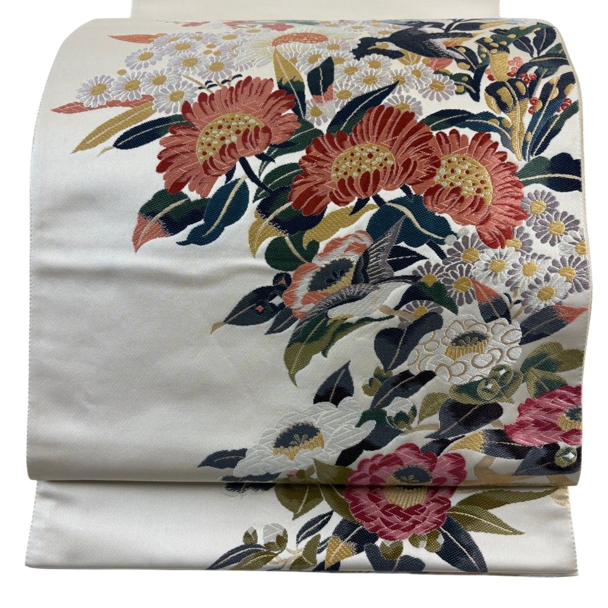袋帯 秀品 草花 鳥 唐織 箔 クリーム お太鼓柄 正絹 【中古】