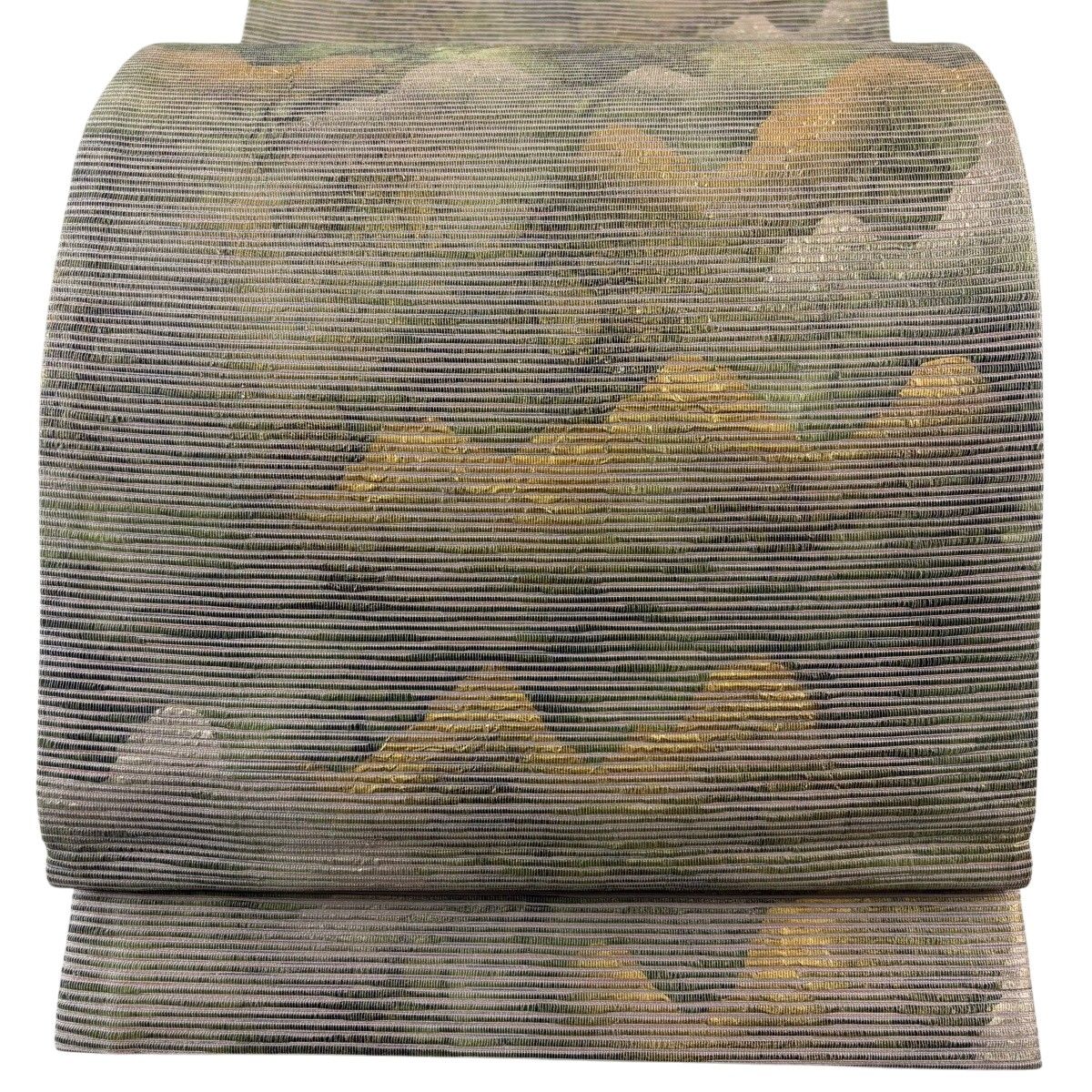 【美品】 袋帯 秀品 幾何学模様 金彩 灰緑 六通 正絹 【中古】