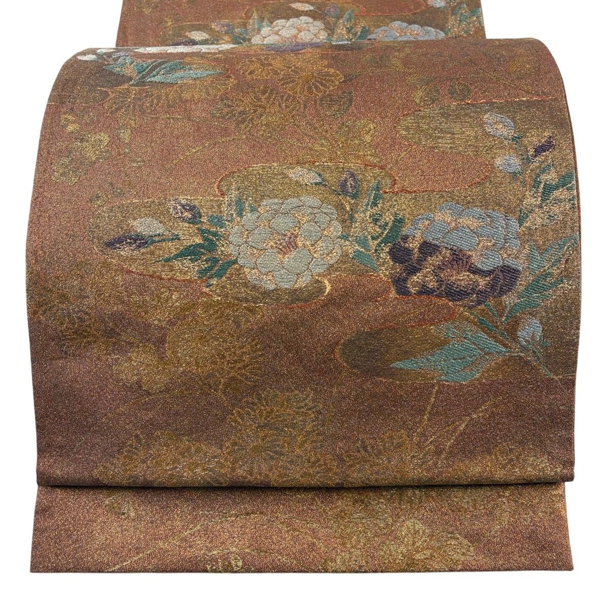袋帯 秀品 慶長遣宝牡丹文 金糸 箔 オレンジ 六通 正絹 【中古】