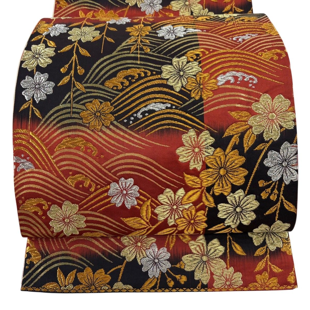 【美品】 袋帯 秀品 枝垂れ桜 波 金銀糸 箔 赤 六通 正絹 【中古】