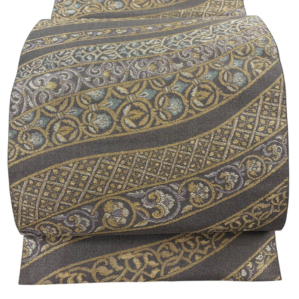 【美品】 名古屋帯 秀品 松葉仕立て 八寸名古屋帯 花唐草 黒灰 正絹 【中古】