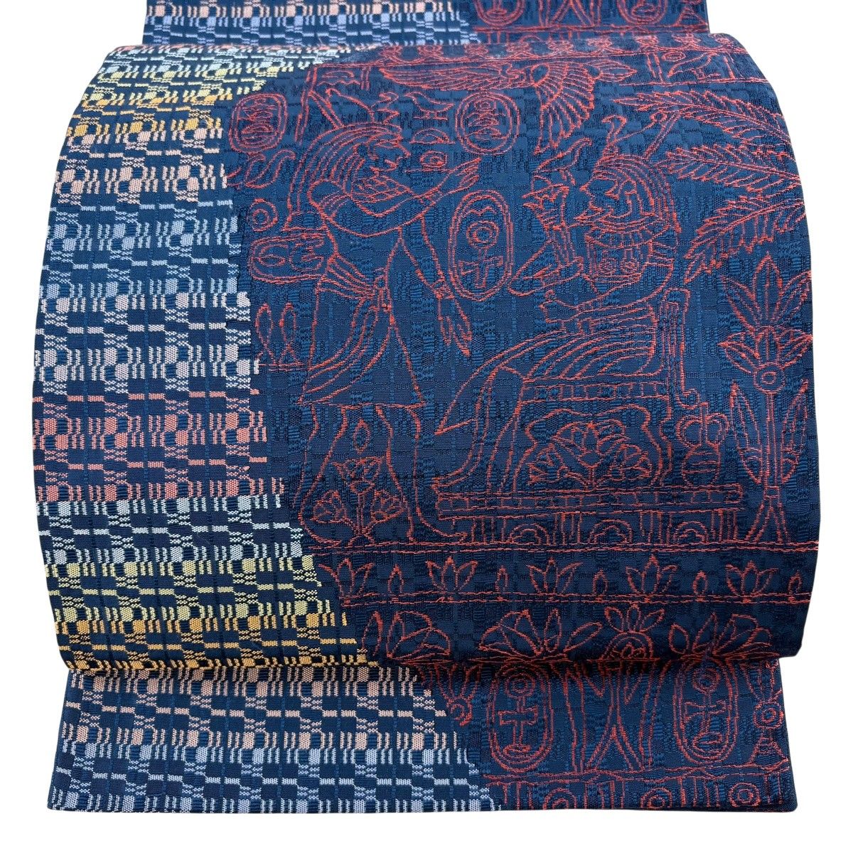 【美品】 袋帯 秀品 コプト柄 幾何学 紺色 六通 正絹 【中古】