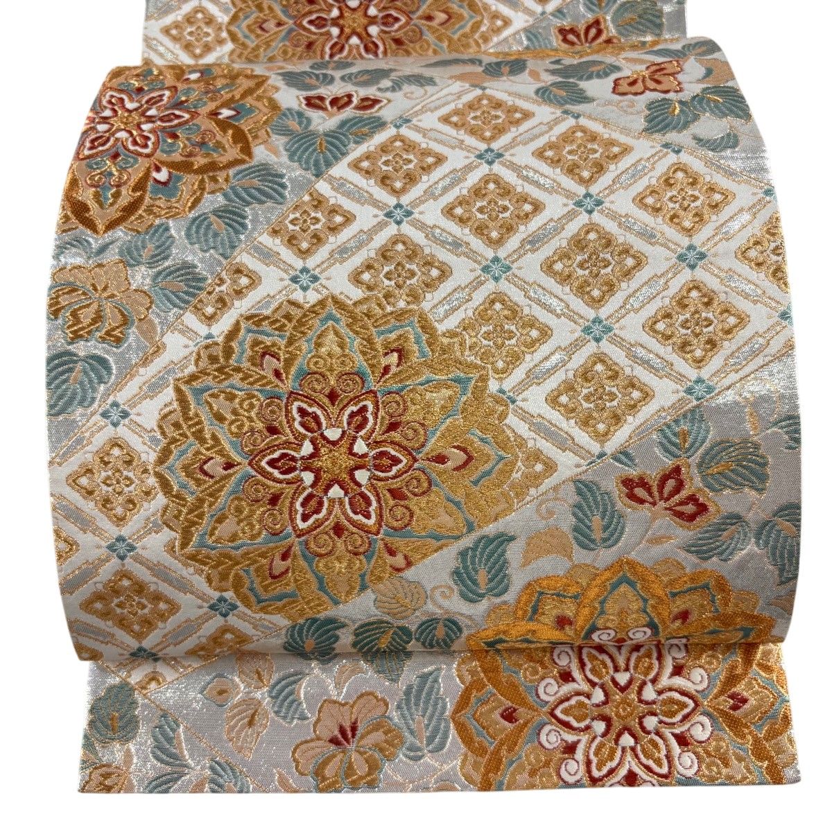 【美品】 袋帯 秀品 華文 花菱 金糸 箔 ベージュ 六通 正絹 【中古】