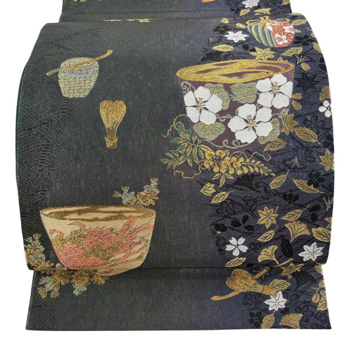 【美品】 袋帯 秀品 茶道具 吹き寄せ 金糸 箔 茶緑色 六通 正絹 【中古】