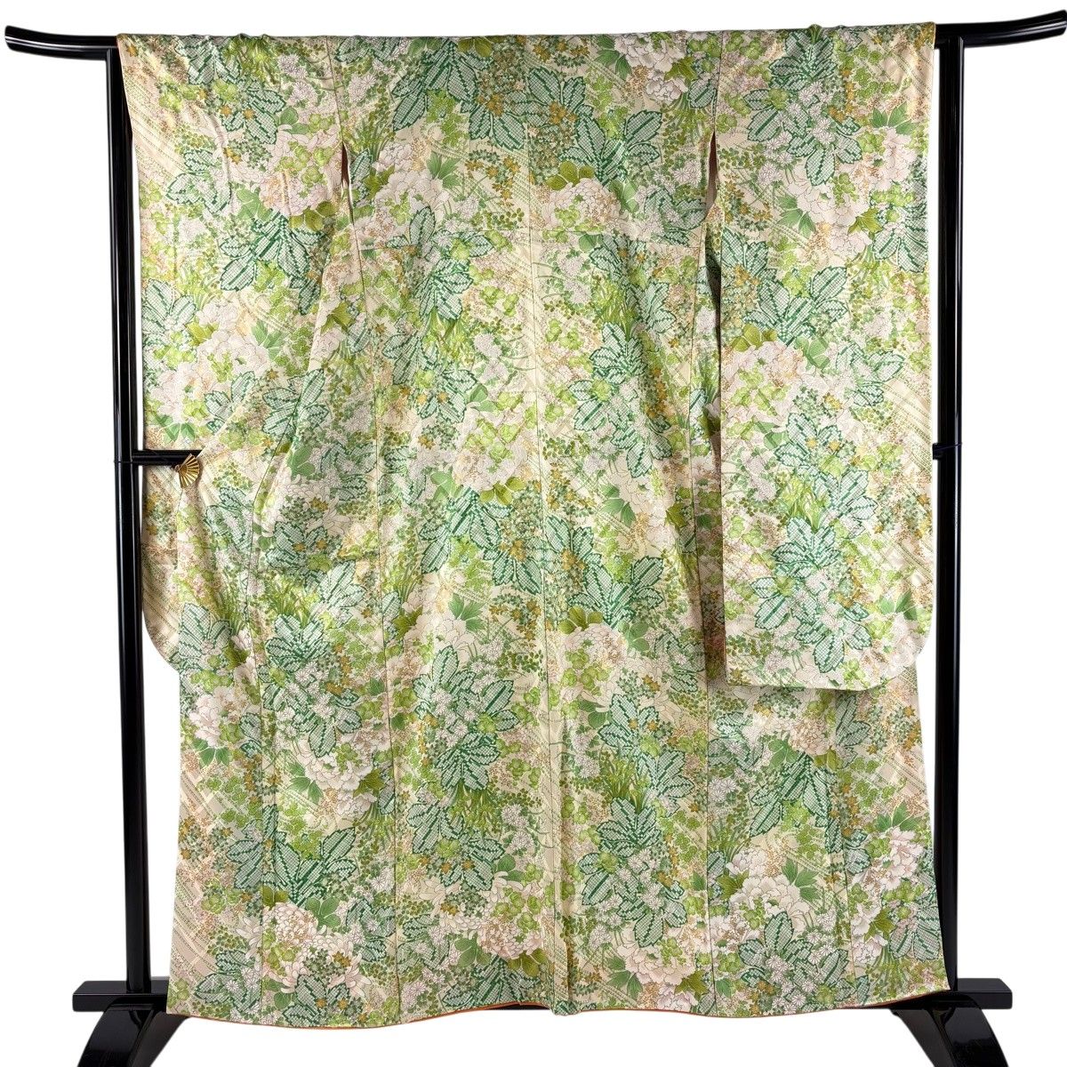 【美品】 振袖 身丈160cm 裄丈64.5cm M 袷 草花 牡丹 金彩 黄緑色 正絹 優品 【中古】
