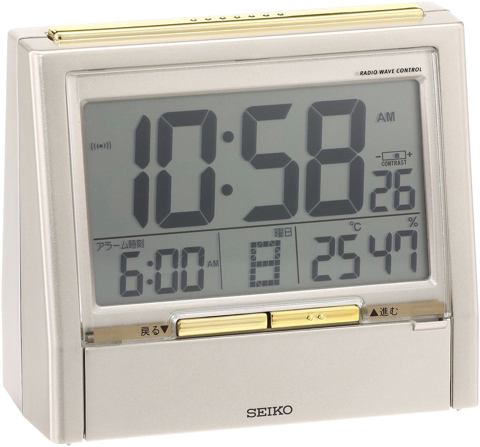 セイコークロック(Seiko Clock) セイコー クロック 目覚まし時計 TALK LINER トークライナー 音声時報 音声アラーム バイリンガル 切替 カレンダー 温度 湿度 表示 電波 デジタル 薄金色 パール DA206G SEI f6c77cd3