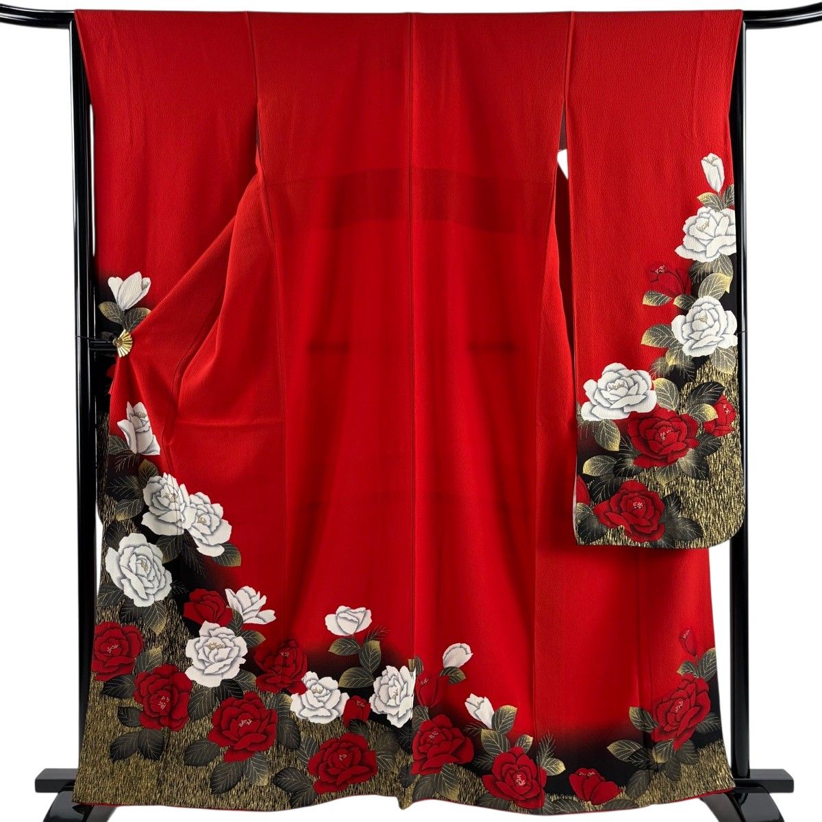 振袖 身丈163cm 裄丈65.5cm M 袷 薔薇 金彩 ぼかし 朱色 正絹 秀品 【中古】