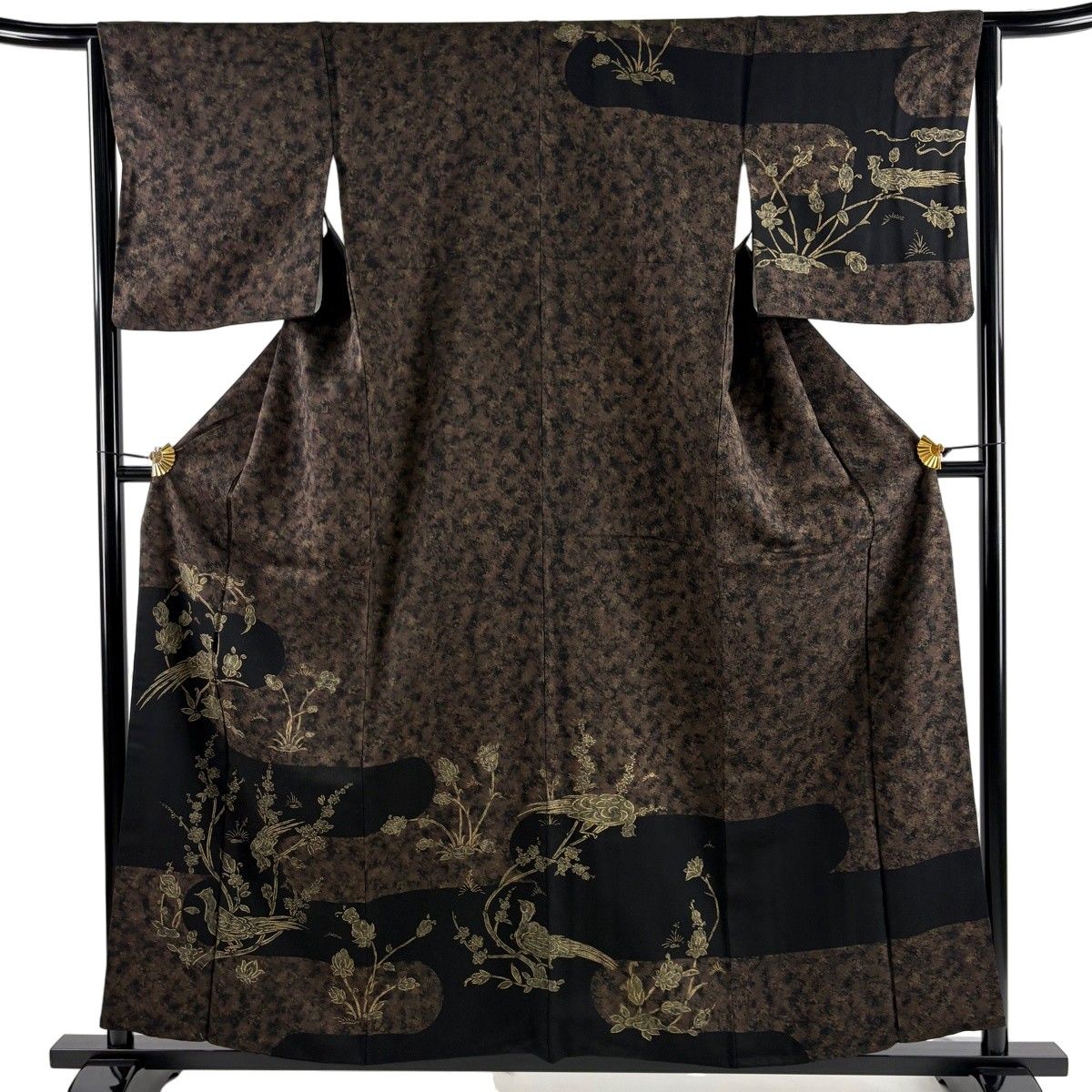 美品】 訪問着 身丈158.5cm 裄丈65cm M 袷 鳥 枝梅 金彩 焦茶色 正絹