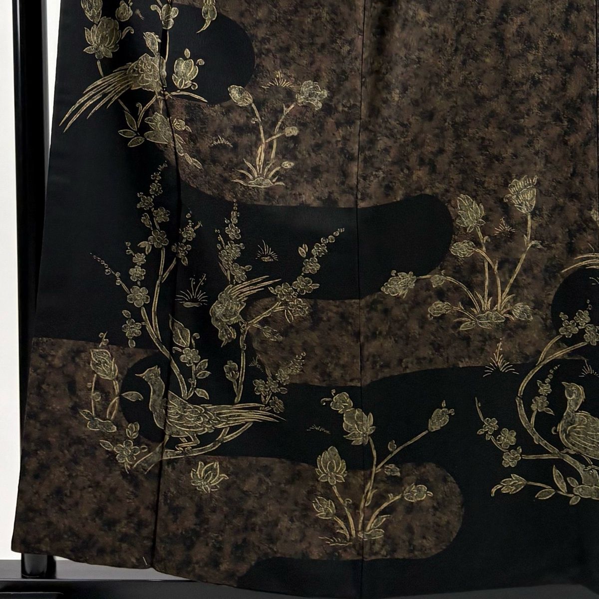 美品】 訪問着 身丈158.5cm 裄丈65cm M 袷 鳥 枝梅 金彩 焦茶色 正絹