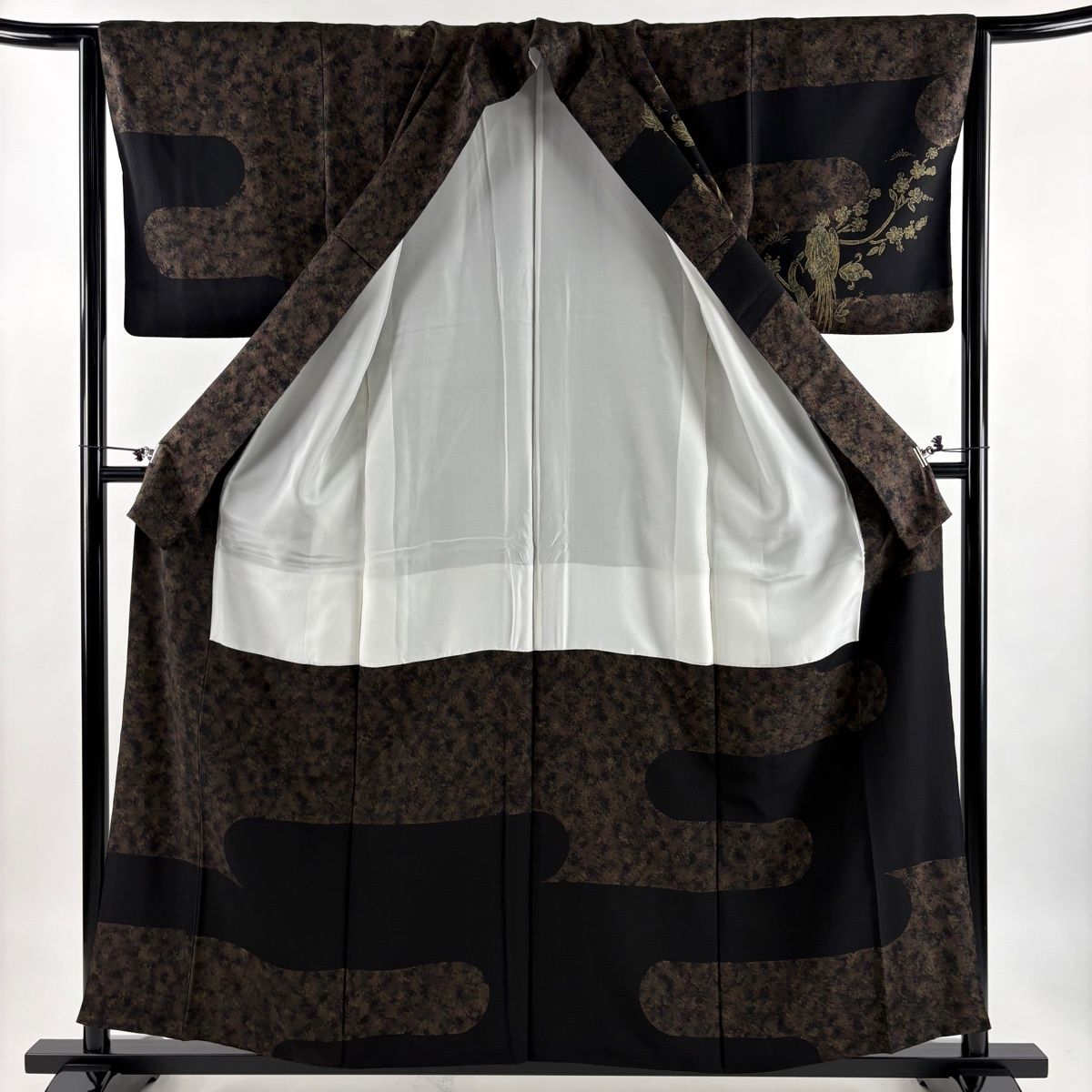 美品】 訪問着 身丈158.5cm 裄丈65cm M 袷 鳥 枝梅 金彩 焦茶色 正絹