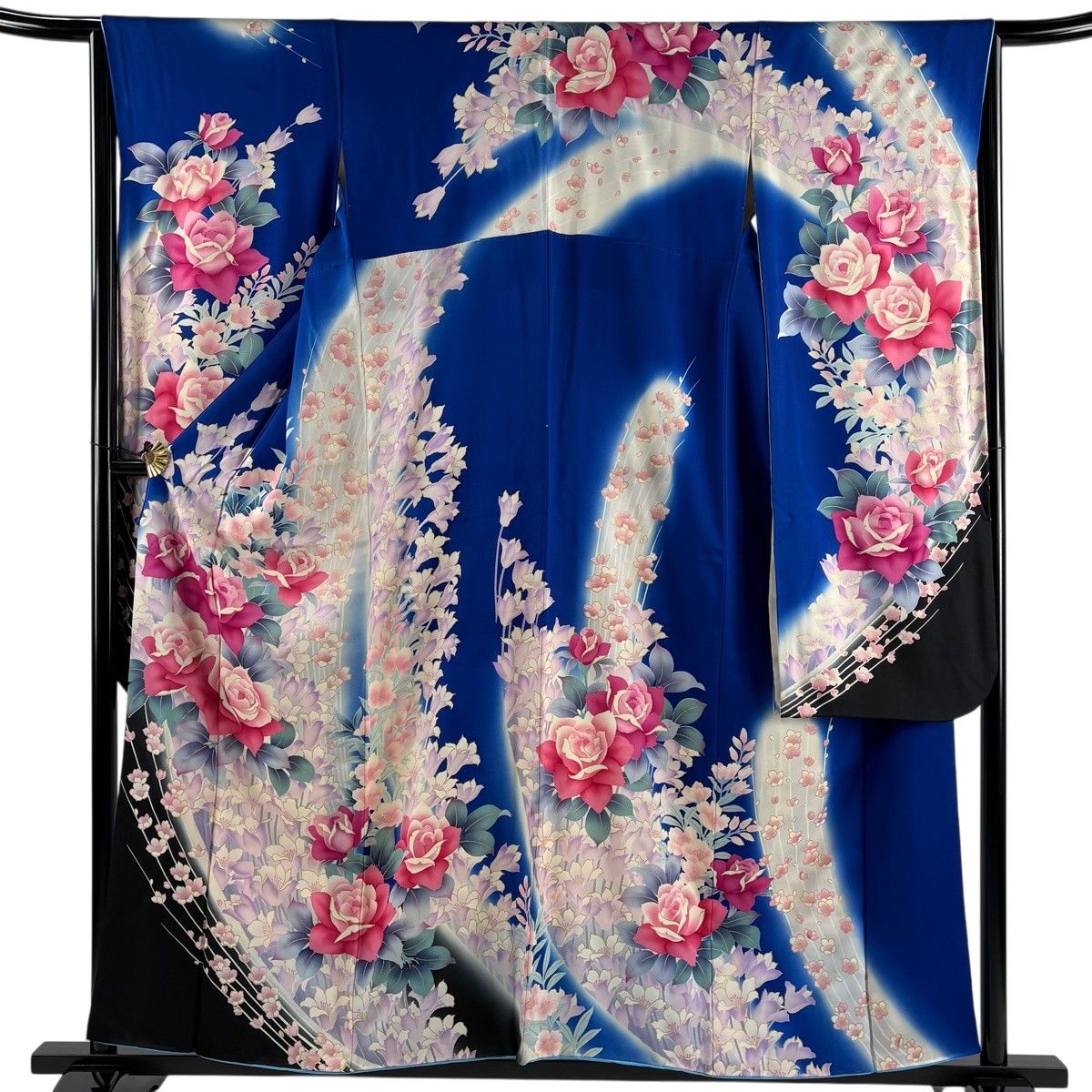 振袖 身丈158.5cm 裄丈66cm M 袷 薔薇 草花 金彩 ぼかし 青 正絹 秀品 【中古】