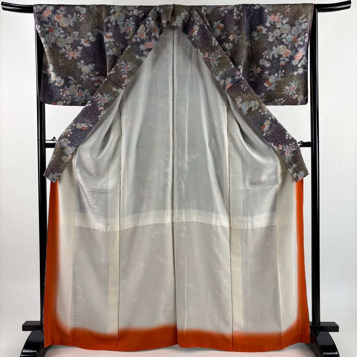 美品】 小紋 身丈167cm 裄丈67cm M 袷 辻が花柄 金彩 縮緬 灰紫 正絹