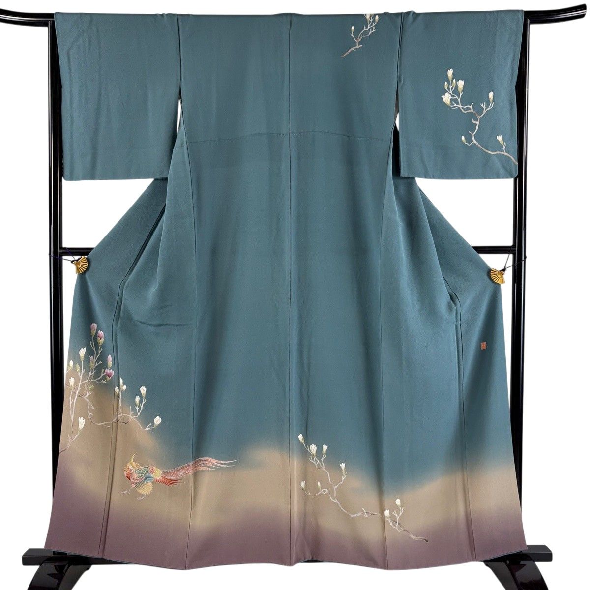 【美品】訪問着　袷落款が花染め分けぼかし藍色正絹名品【中古】 訪問着 身丈158.5cm 裄丈65.5cm M 袷 落款 枝花 鳥 染め分け ぼかし 青