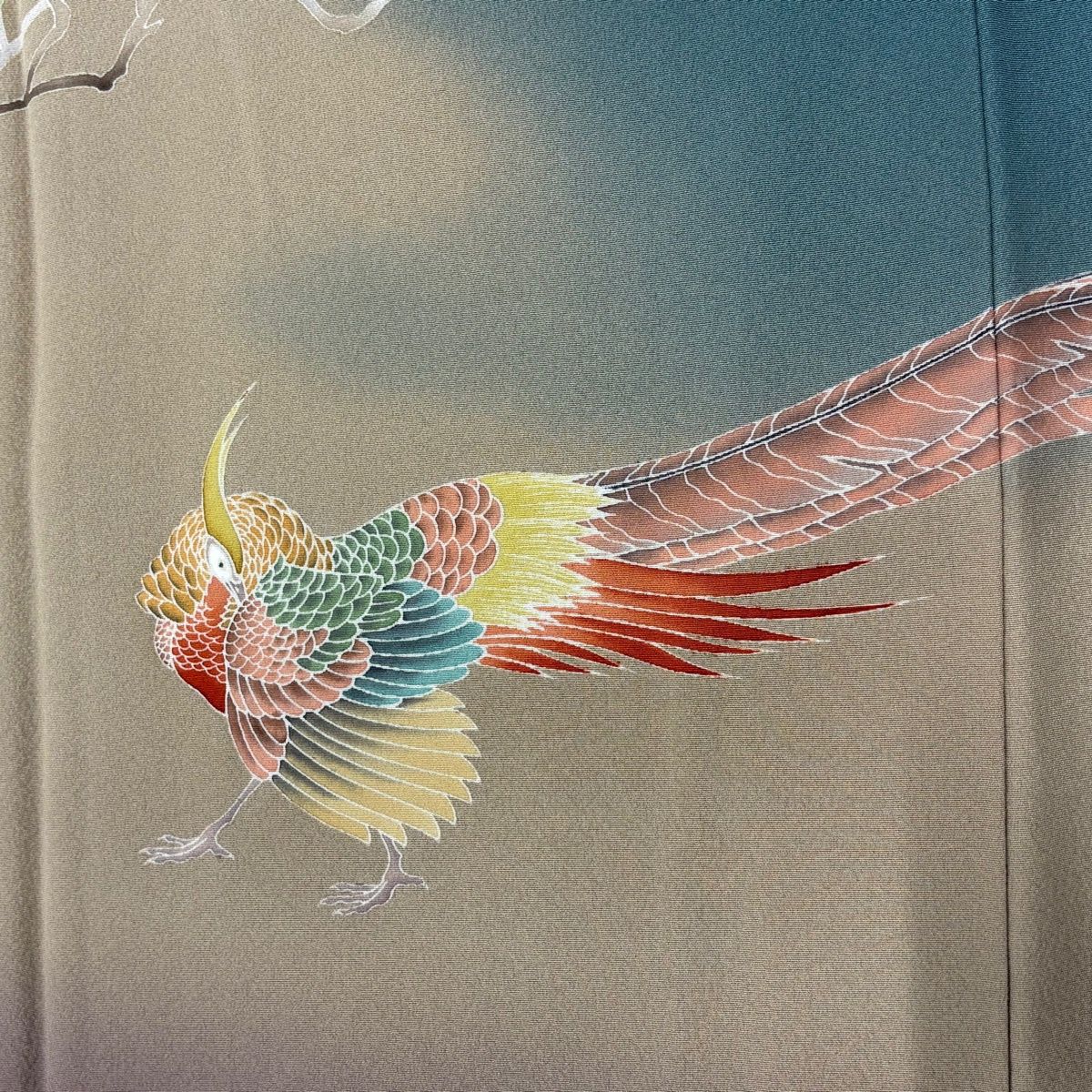 訪問着 身丈158.5cm 裄丈65.5cm M 袷 落款 枝花 鳥 染め分け ぼかし 青