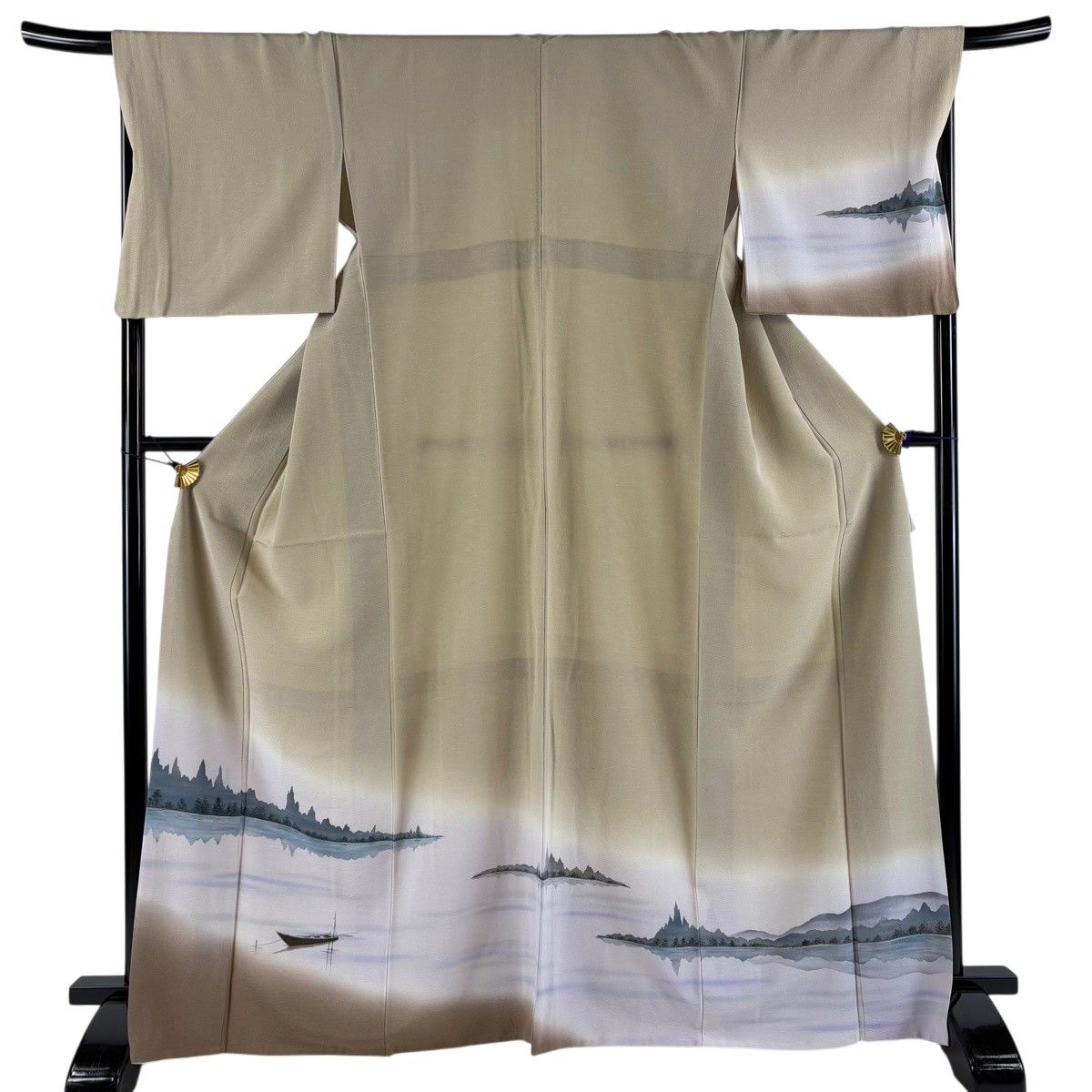 【美品】 付下げ 身丈167cm 裄丈68.5cm L 袷 水辺の風景 小舟 ぼかし 薄茶色 正絹 秀品 【中古】