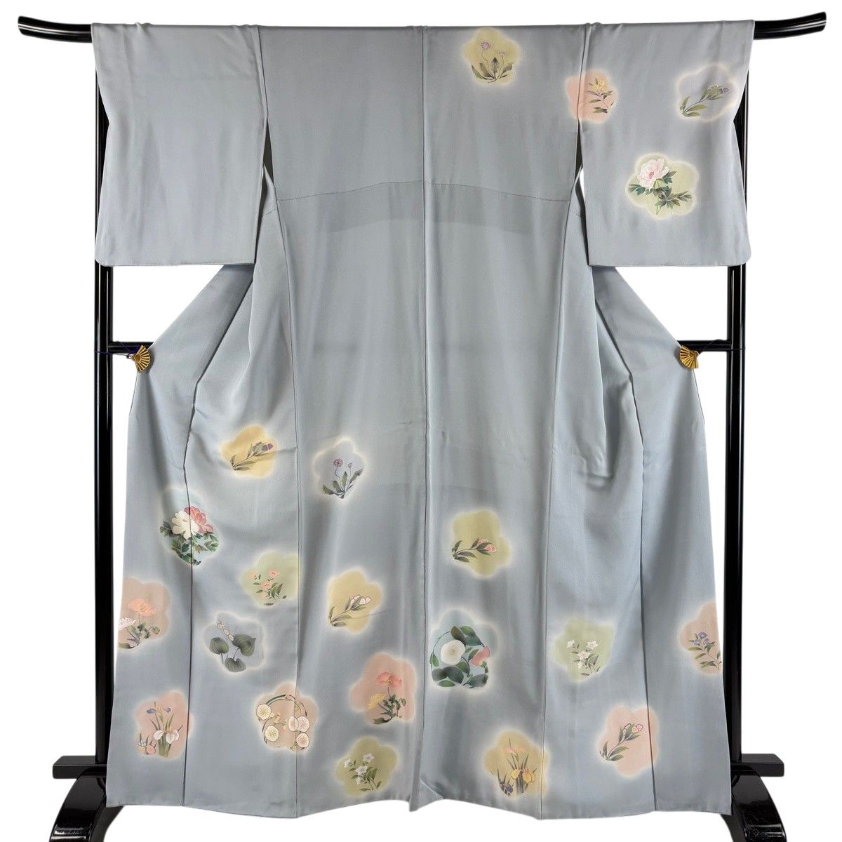 訪問着 身丈164cm 裄丈69.5cm L 袷 草花 梅 ぼかし 青灰色 正絹 秀品 【中古】