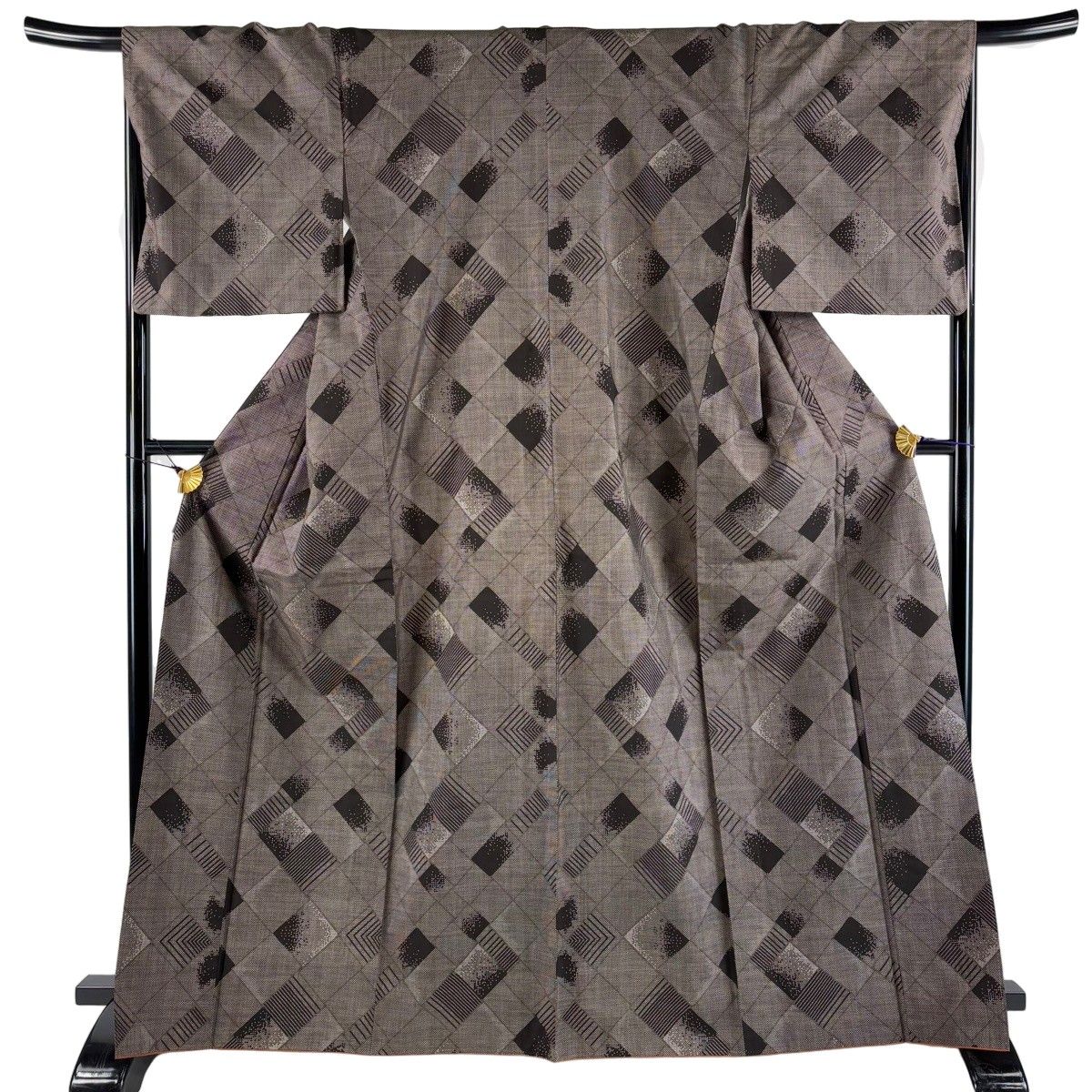 【美品】 付下げ 身丈167cm 裄丈68.5cm L 袷 幾何学模様 斜縞 焦茶色 正絹 秀品 【中古】