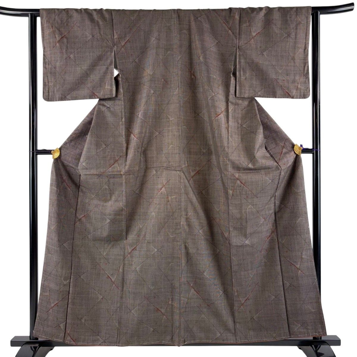 大島紬 身丈159.5cm 裄丈65cm M 袷 幾何学模様 茶色 正絹 秀品 【中古】