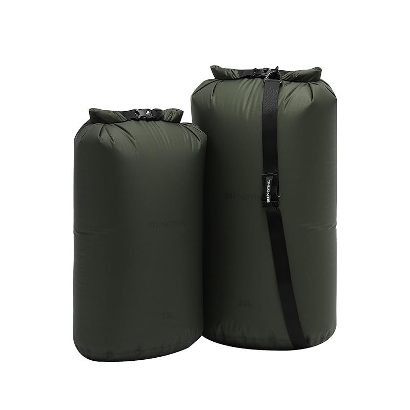 【新品】 Bee Nesting超軽量防水ドライバッグ 防水バッグ 3点セット - 軽量旅行、登山、アウトドア、ボート、カヤック、キャンプ、水泳用シリコンスタッフバッグ (ダークグリーン、12L 20L & ショルダーストラップ 3枚セット) 0