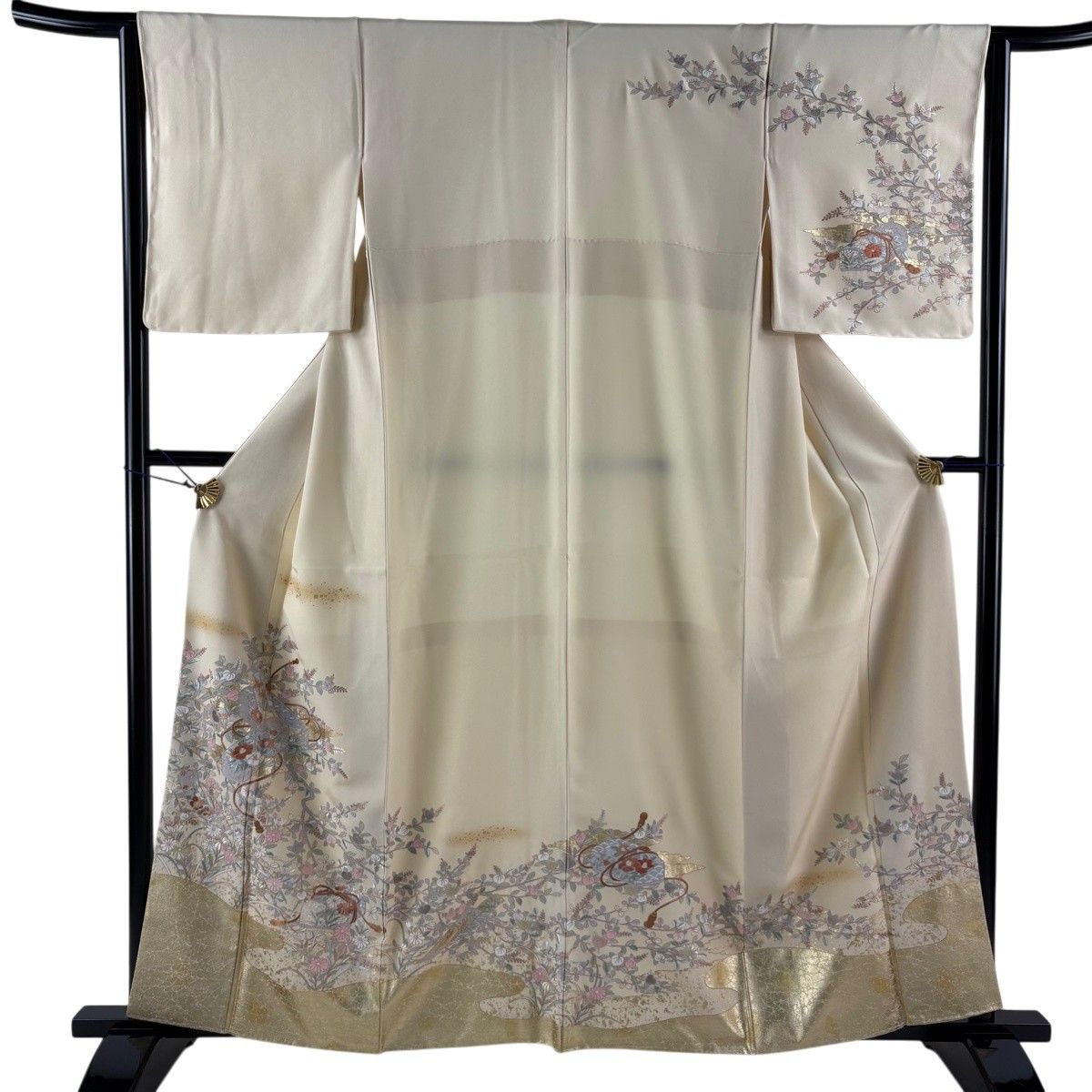 【美品】 訪問着 身丈159cm 裄丈64cm M 袷 文箱 草花 刺繍 金糸 ベージュ 正絹 秀品 【中古】