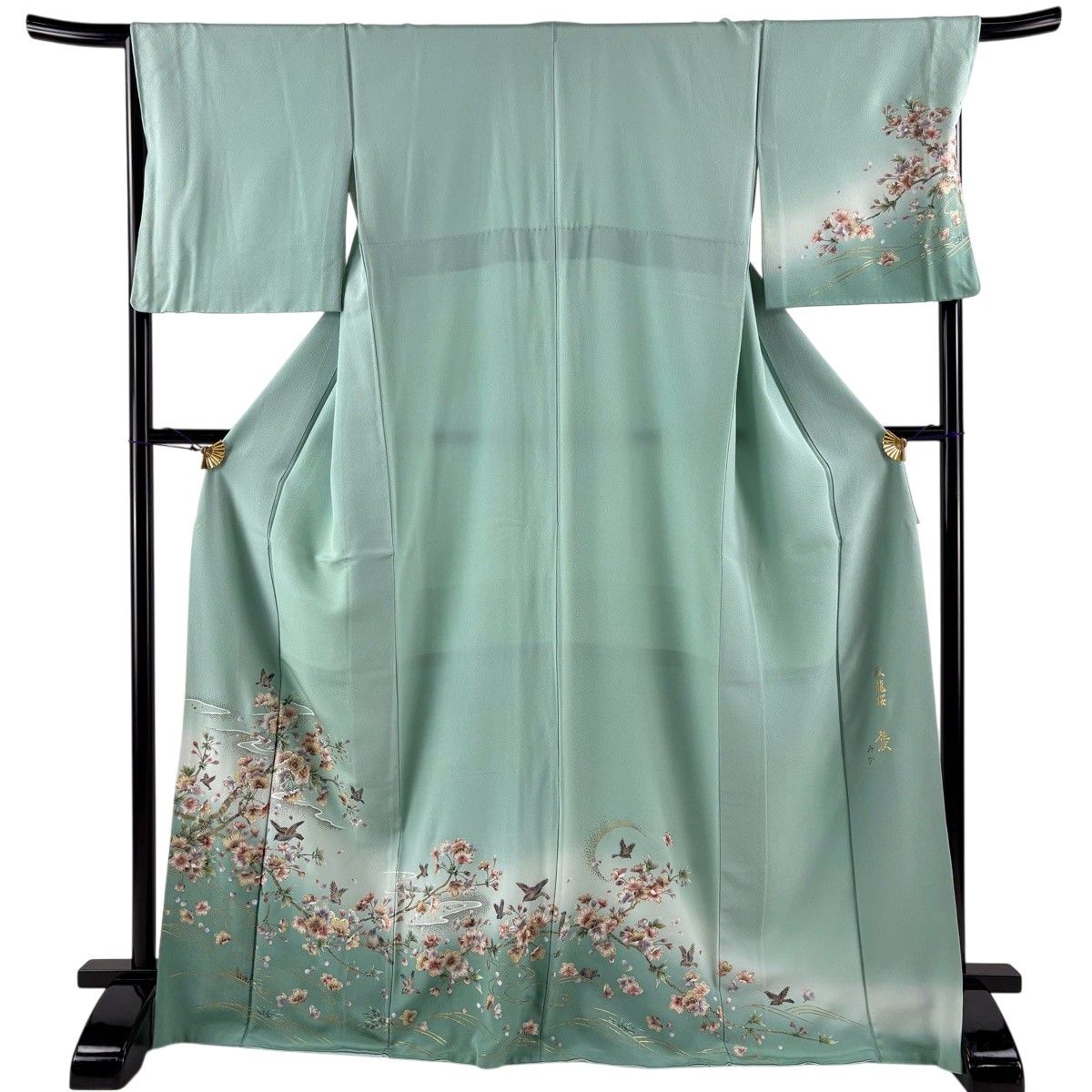 訪問着 身丈171cm 裄丈67.5cm L 袷 落款 桜 鳥 金銀彩 ぼかし 薄緑 正絹 秀品 【中古】