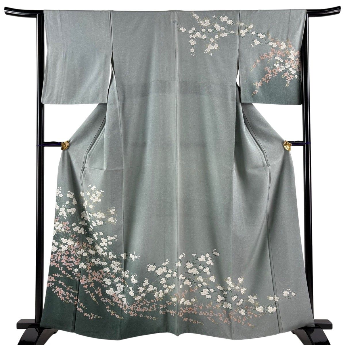 訪問着 身丈162cm 裄丈64.5cm M 袷 桜 萩 金彩 ぼかし 灰緑 正絹 秀品