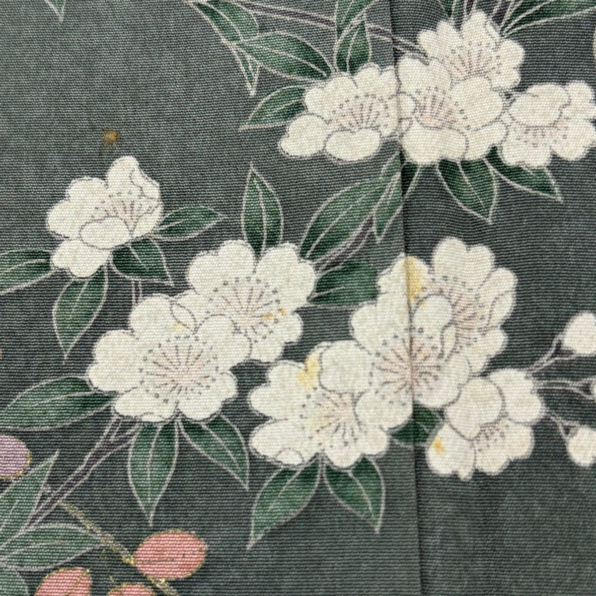 小紋 身丈167.5cm 裄丈67cm M 袷 洗える着物 菊 桜 縮緬 金彩 灰
