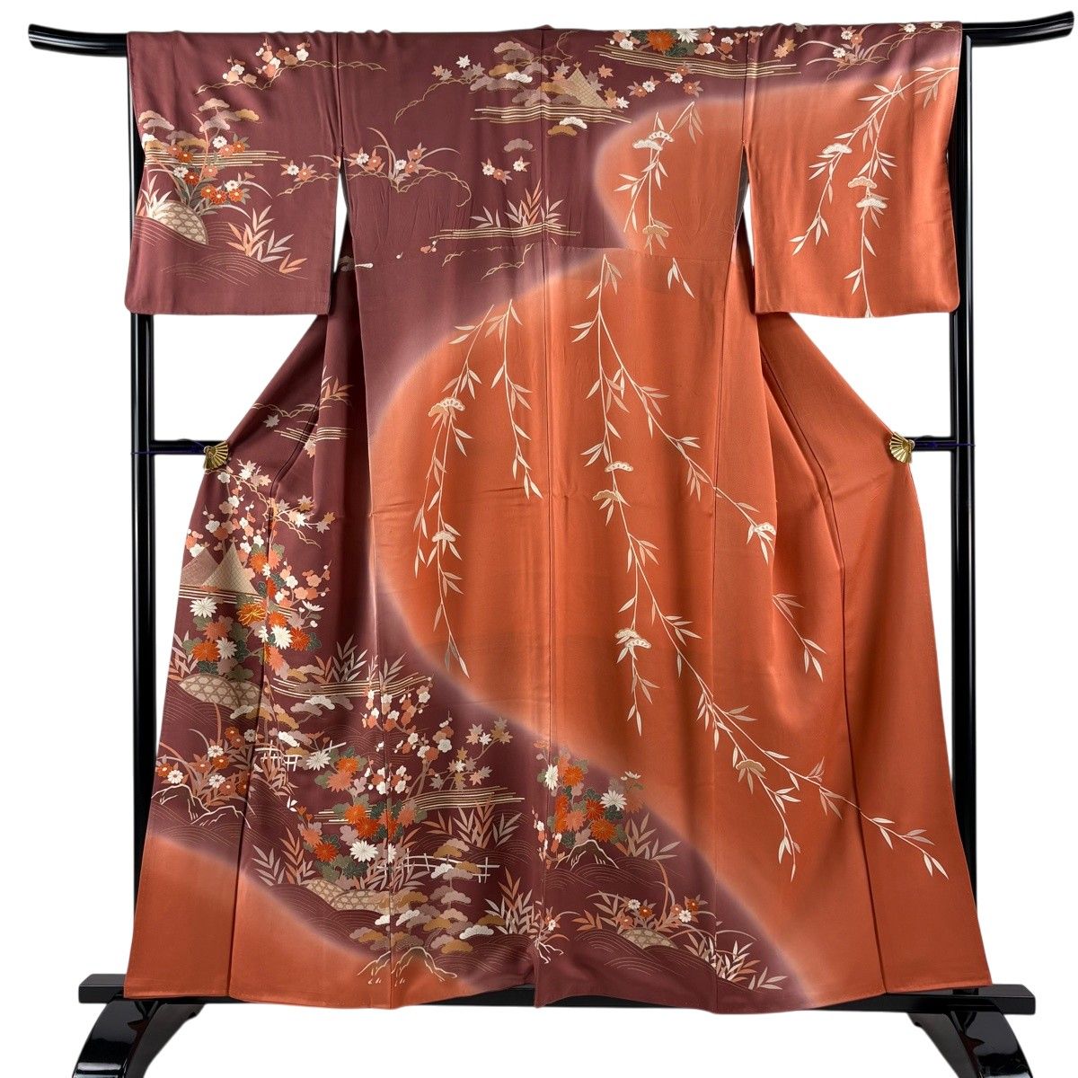 美品】 訪問着 身丈157cm 裄丈66.5cm M 袷 枝梅 菊 金糸 金彩 赤紫