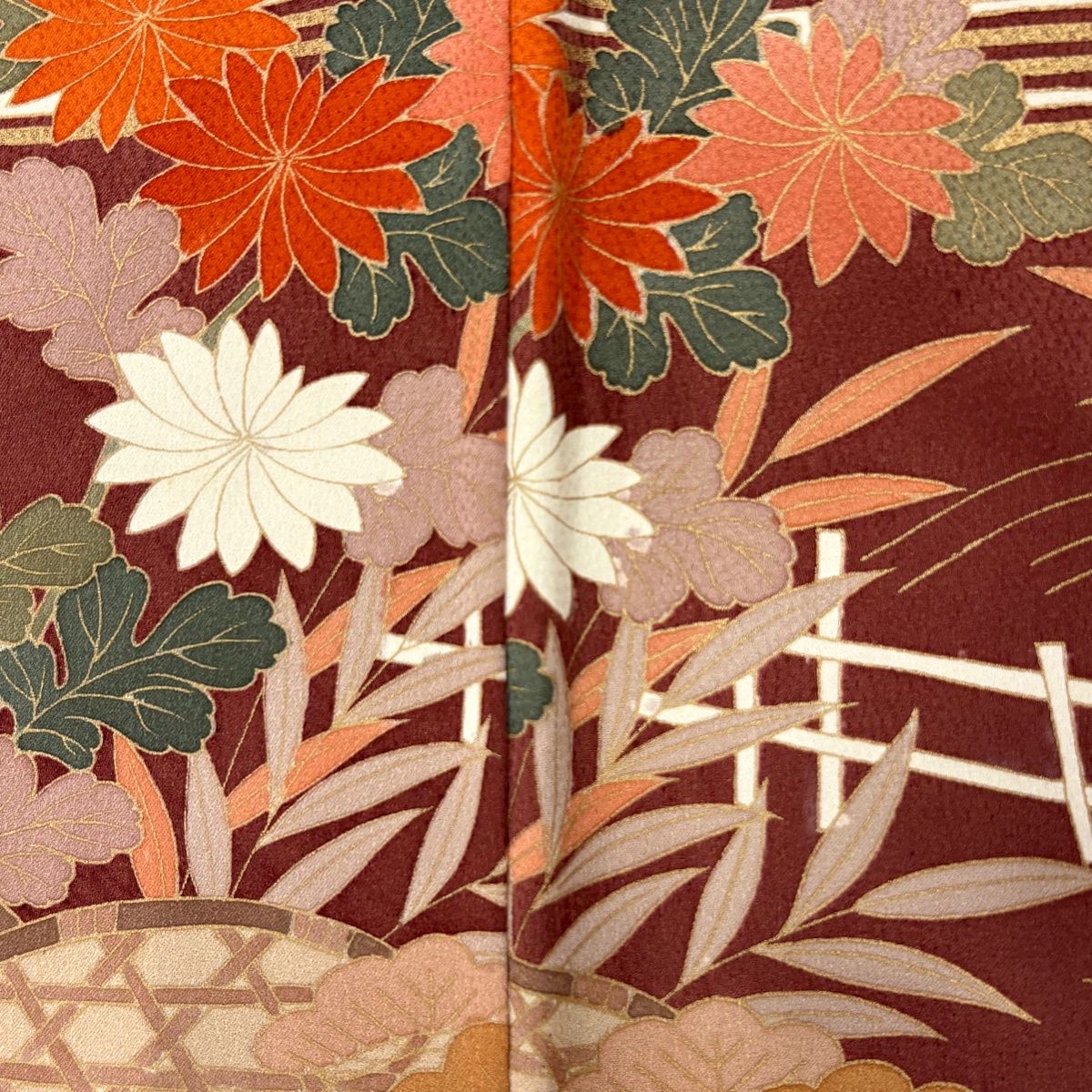 美品】 訪問着 身丈157cm 裄丈66.5cm M 袷 枝梅 菊 金糸 金彩 赤紫