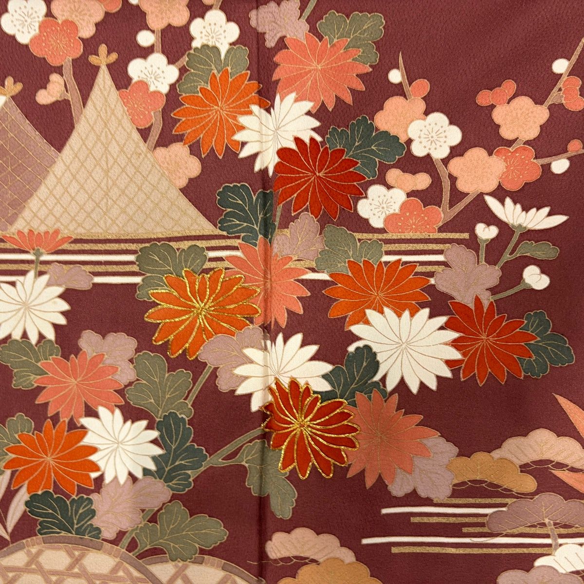 美品】 訪問着 身丈157cm 裄丈66.5cm M 袷 枝梅 菊 金糸 金彩 赤紫