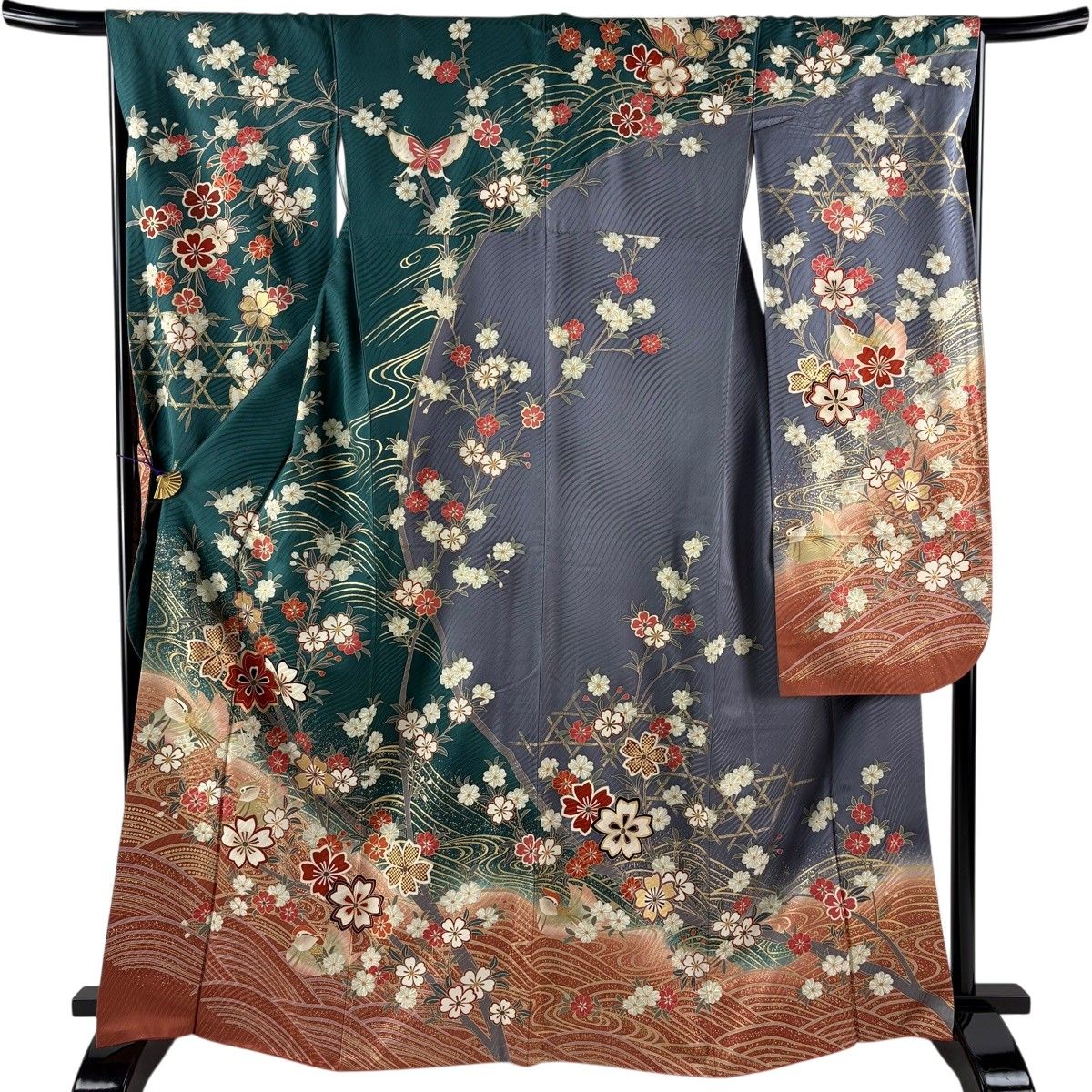 振袖 身丈164.5cm 裄丈66cm M 袷 桜 鴛鴦 金彩 染め分け 緑 正絹 秀品 【中古】
