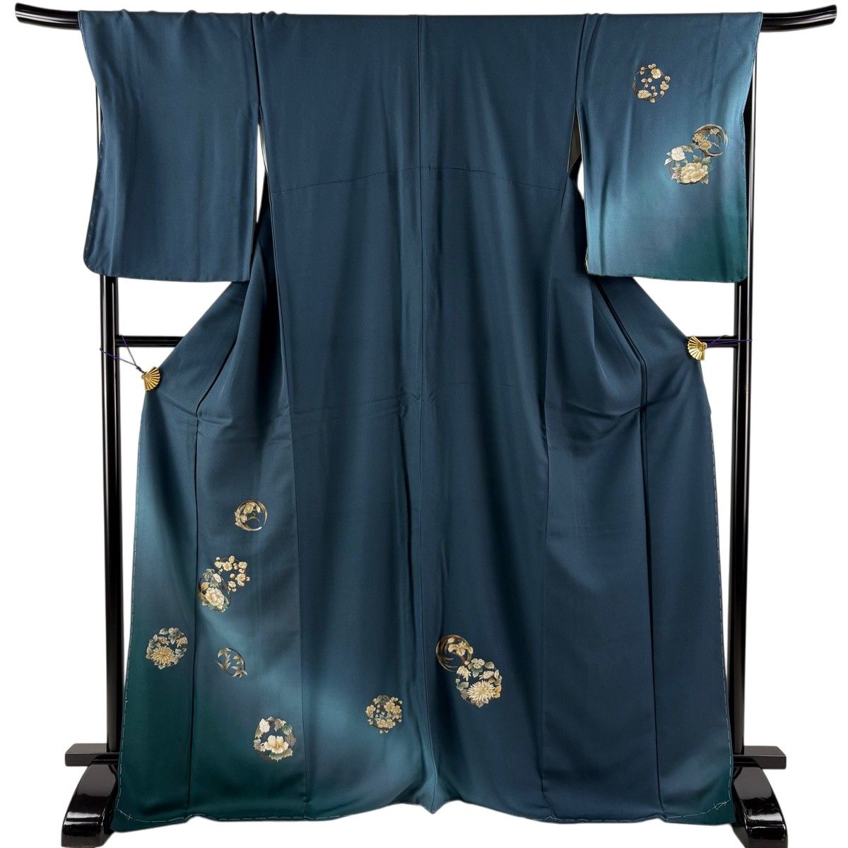 付下げ 身丈170cm 裄丈68cm L 袷 花丸文 金彩 ぼかし 青緑 正絹 秀品 【中古】