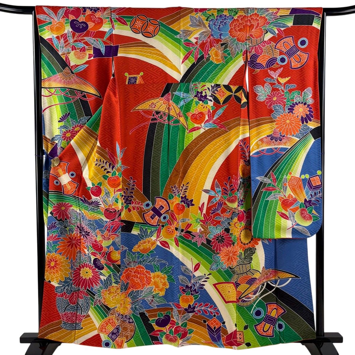 振袖 身丈159cm 裄丈65cm M 袷 草花 花器 染め分け 朱色 正絹 秀品 【中古】
