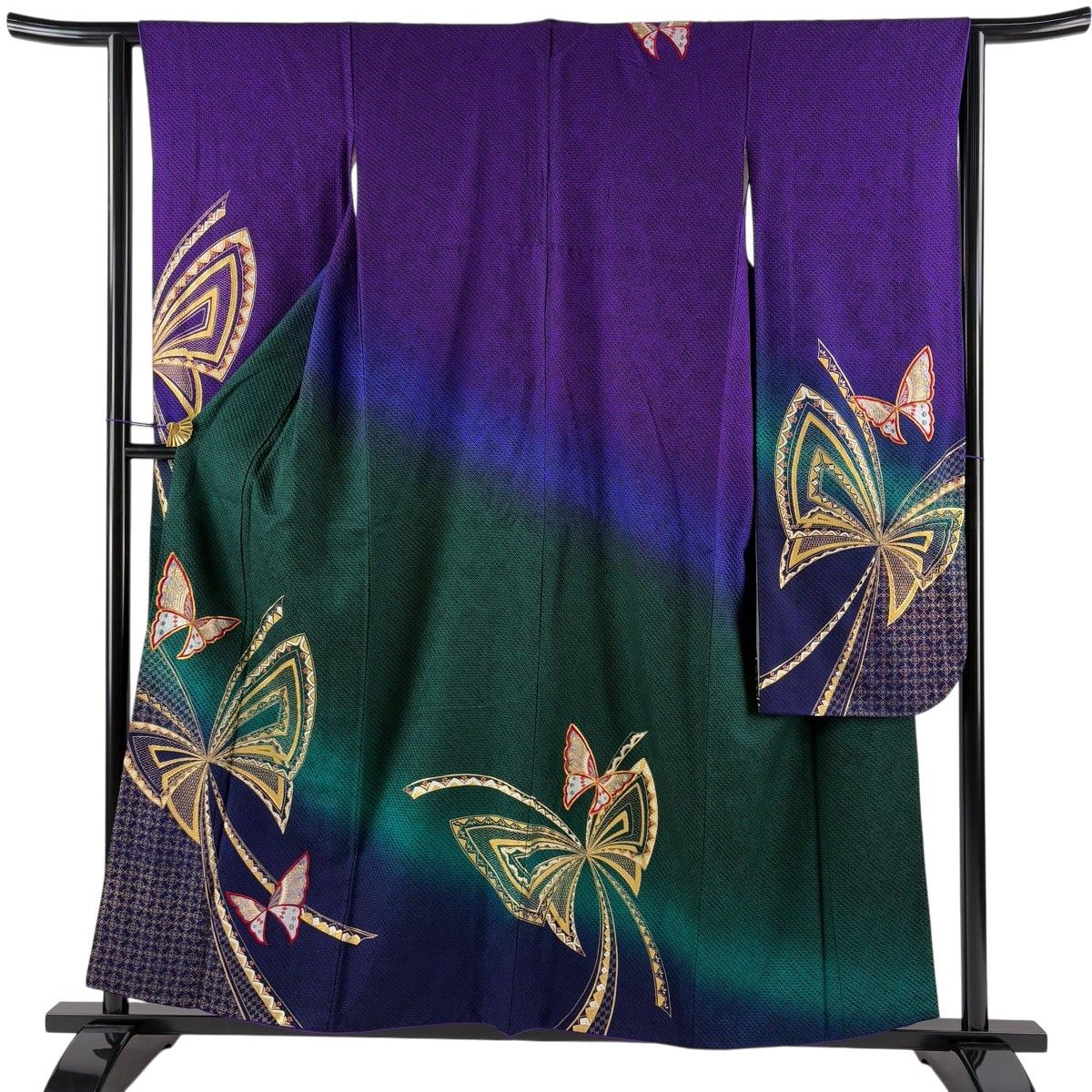 振袖 身長157-172cm 青 紫 ゴールド　正絹 美品】 振袖 身丈157.5cm 裄丈62.5cm S 袷 蝶 幾何学 金糸 金彩 濃紫