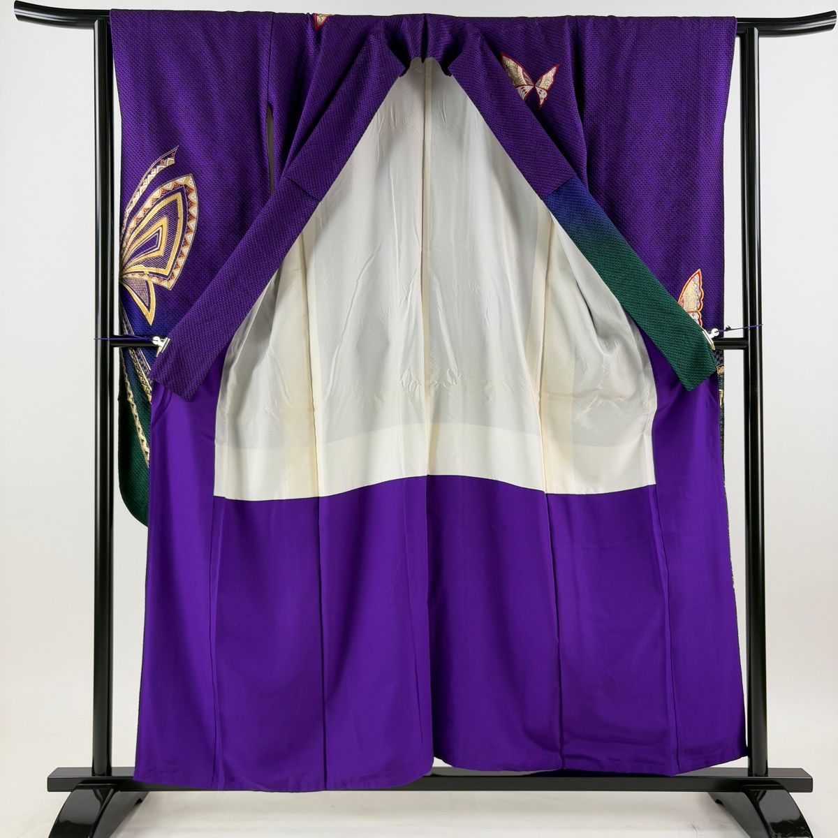 美品】 振袖 身丈157.5cm 裄丈62.5cm S 袷 蝶 幾何学 金糸 金彩 濃紫