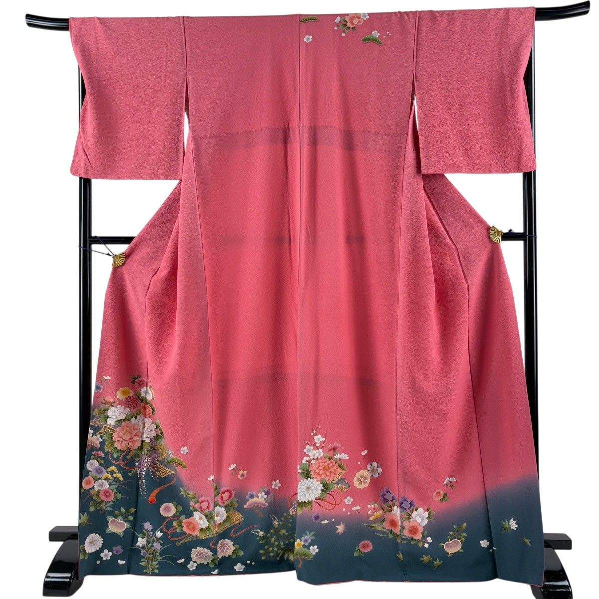 訪問着 身丈168cm 裄丈68cm L 袷 草花 扇 金彩 縮緬 濃ピンク 正絹 秀 訪問着 身丈168cm 裄丈68cm L 袷 草花 扇 金彩 縮緬 濃ピンク 正絹 秀